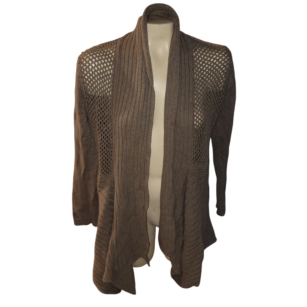 Coldwater Creek‎ Brown Knit Open Front Cardigan Sweater Crochet Mesh Detail S